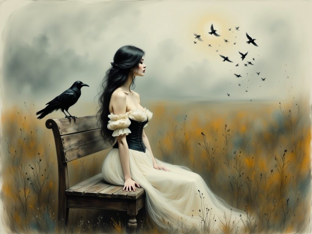 Woman in Muted Gown Seated on Weathered Bench in Open Field