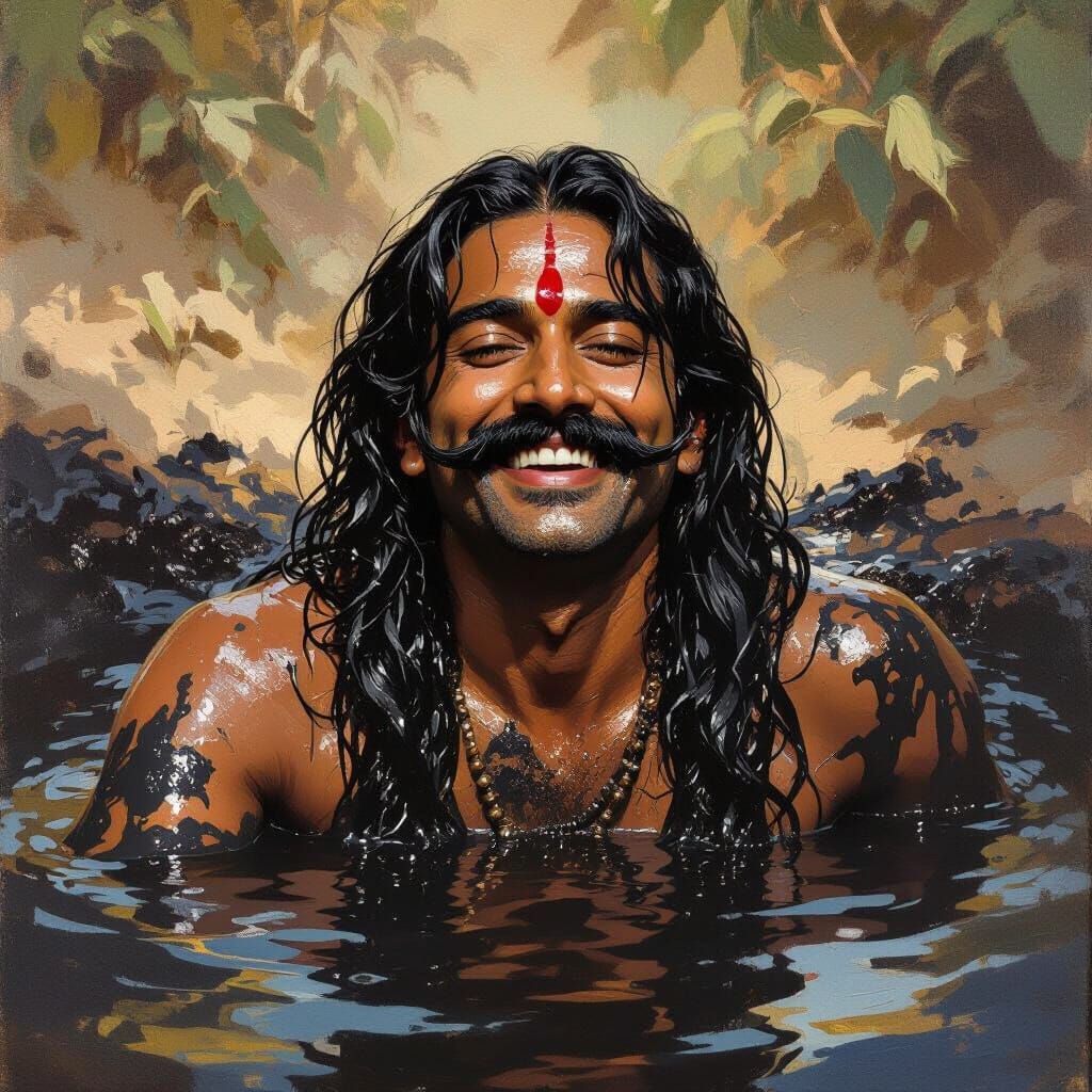 Indian Man Joyfully Bathes in Black Mud