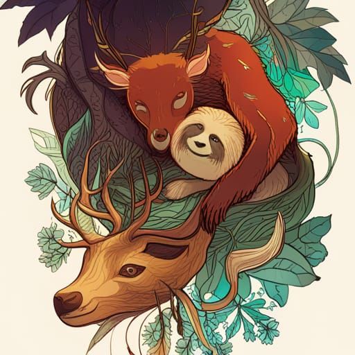 Sloth and Deer Cuddle in Luminous Digital Art