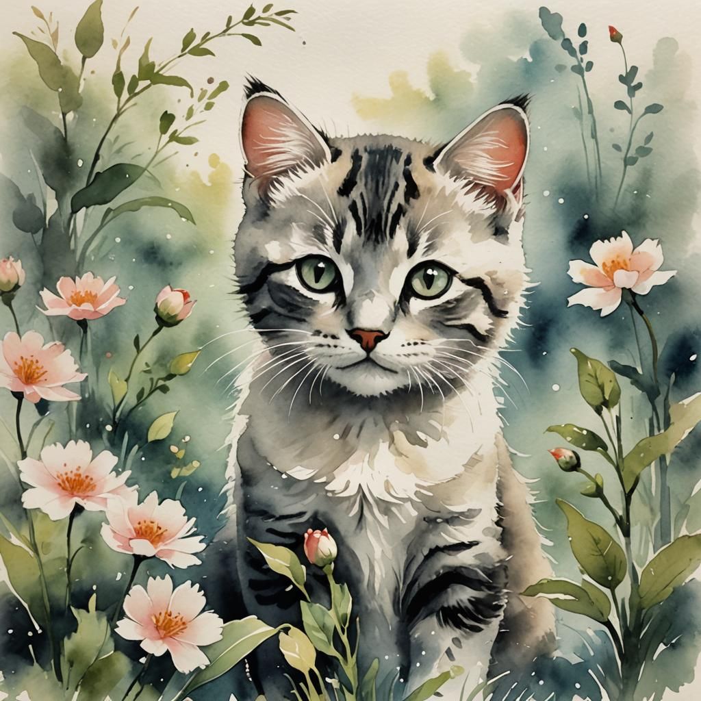 Kitten and Flower in Chinese Ink Painting