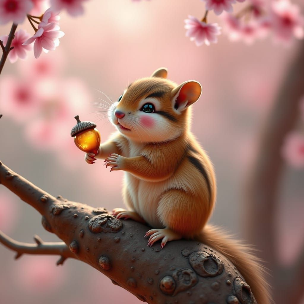 A Chubby Chipmunk Sits in an Ancient Sakura Tree, Enjoying a...