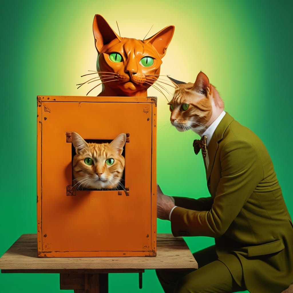 Box Head Man and Glowing Cat in Surreal Style