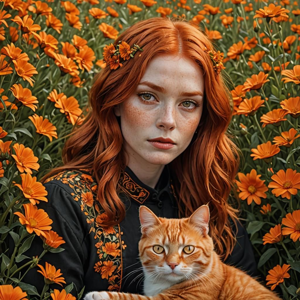 Woman with Red Hair in Orange Flower Field