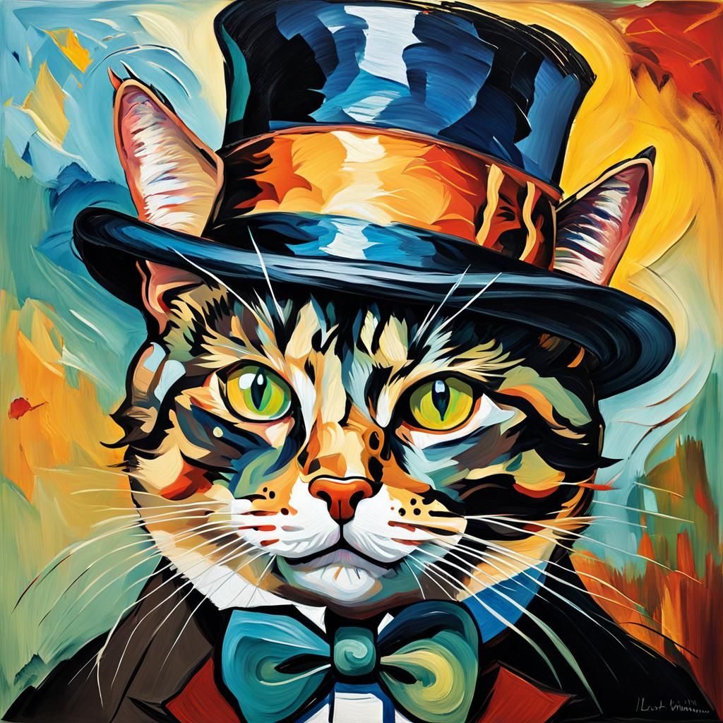 Expressionist Cat Portrait with Top Hat