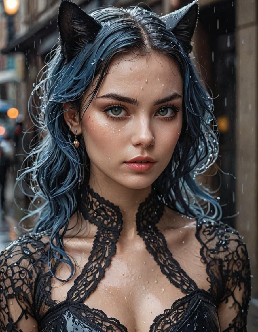 Ethereal Cat Woman in Rain, Abstract Art