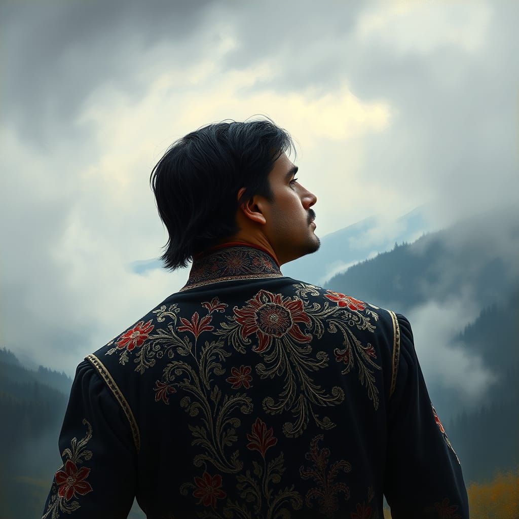 Gypsy Nobleman Contemplates Carpathian Wilderness in Traditi...