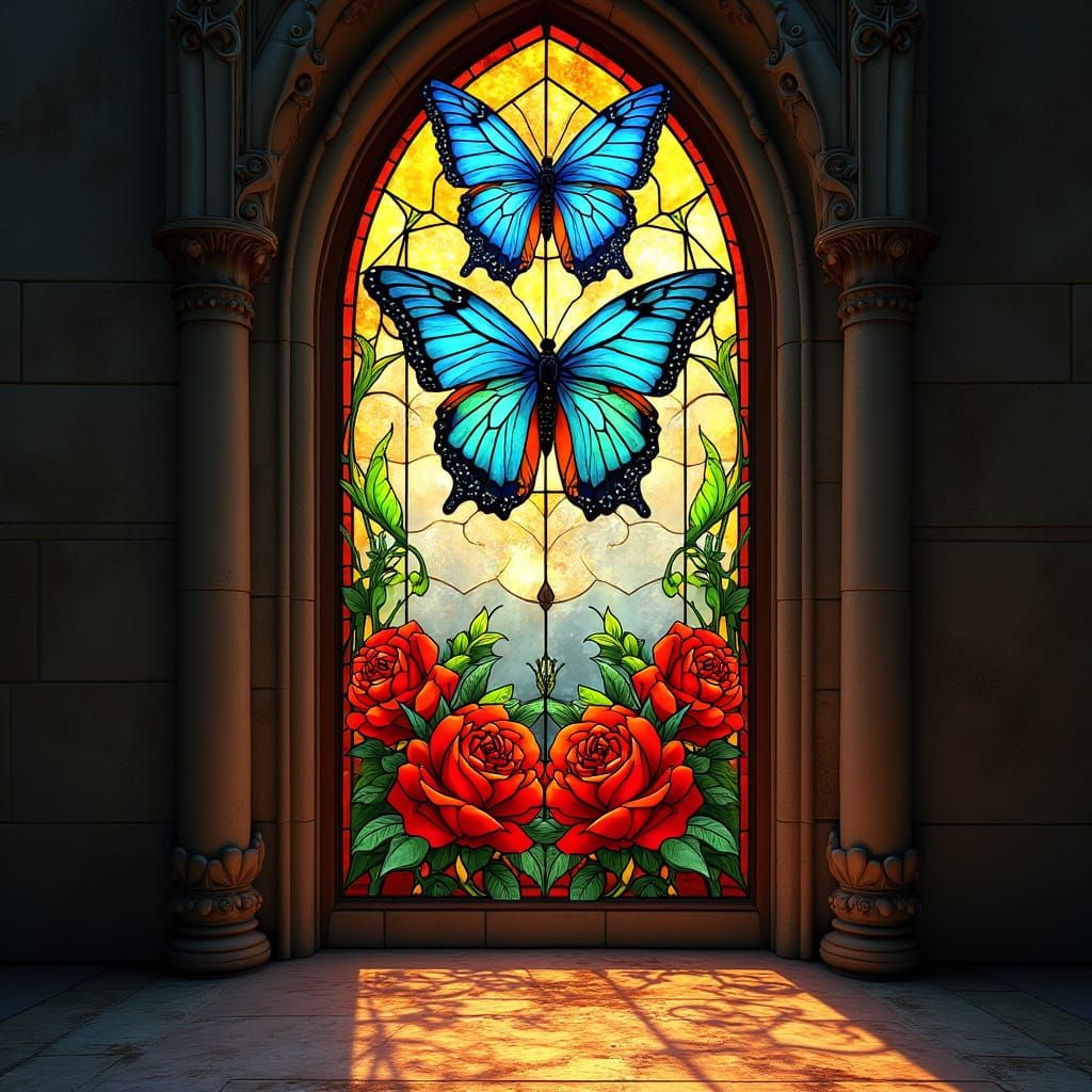 Art Nouveau Stained Glass Butterfly and Roses