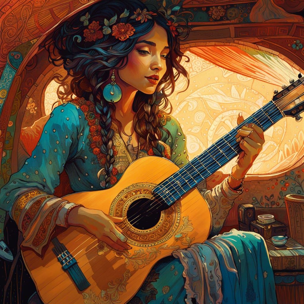 Cheerful Bohemian Girl in Gypsy Caravan