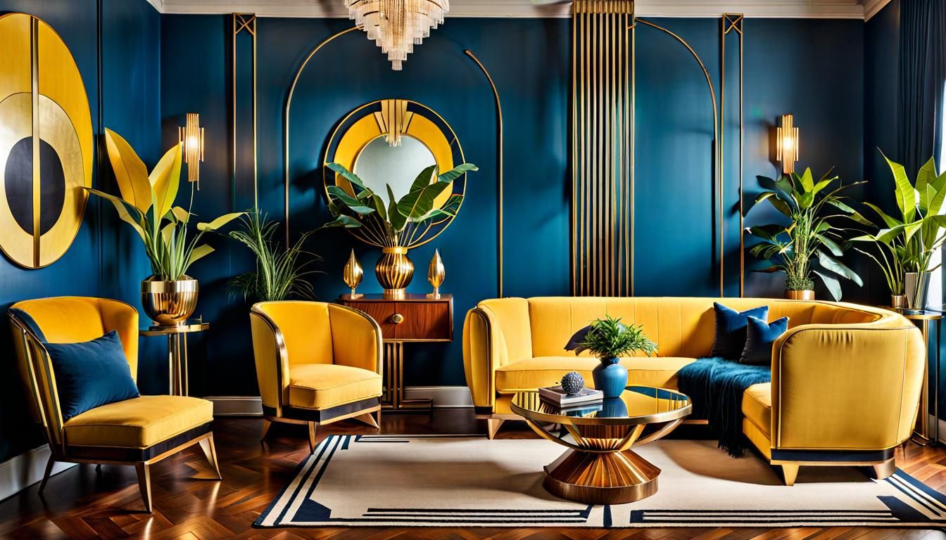 Art Deco Living Room with Yellow Sofa, Digital Art