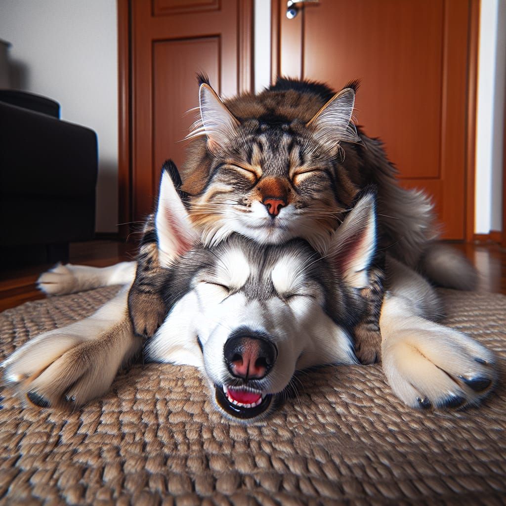 An amusing moment where a Siberian Husky has flopped on top ...