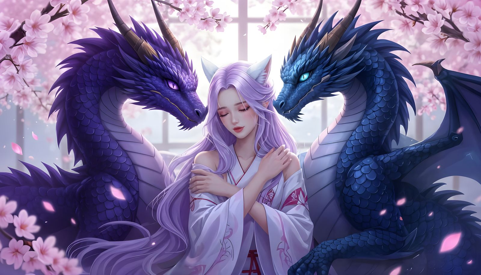 Kitsune Embraced by Dragons Amidst Bioluminescent Sakura