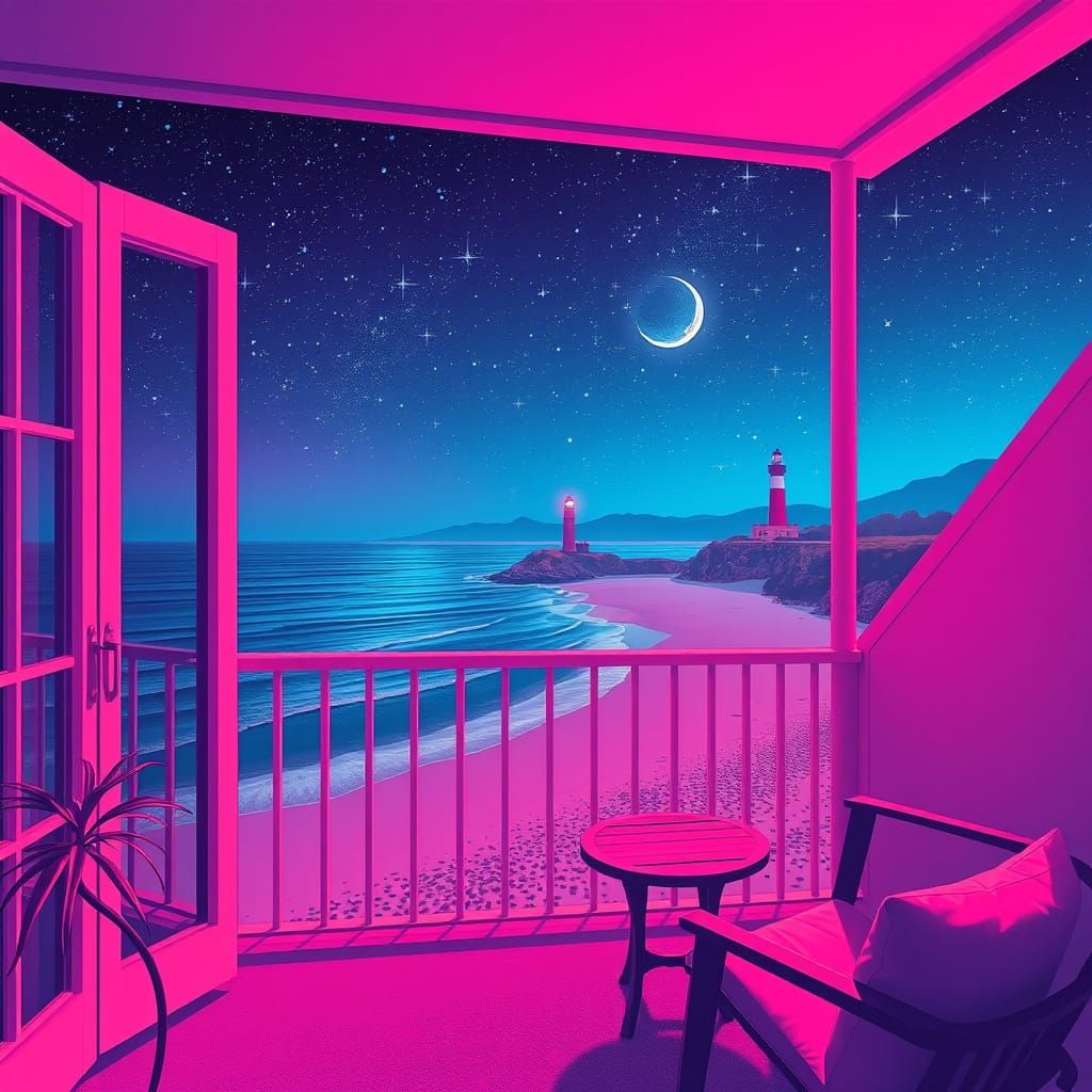 a cozy balcony with stars in the sky on a background on a fantastic beach near a lighthouse