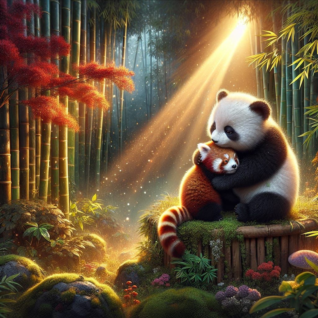 Panda and Red Panda Embrace in Bamboo Forest