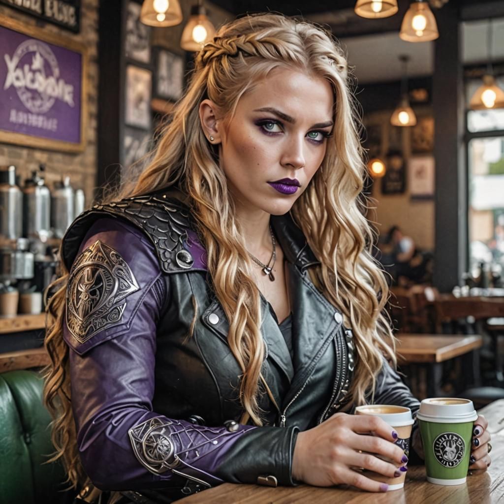 Valkyrie with Viking Features Drinking Coffee