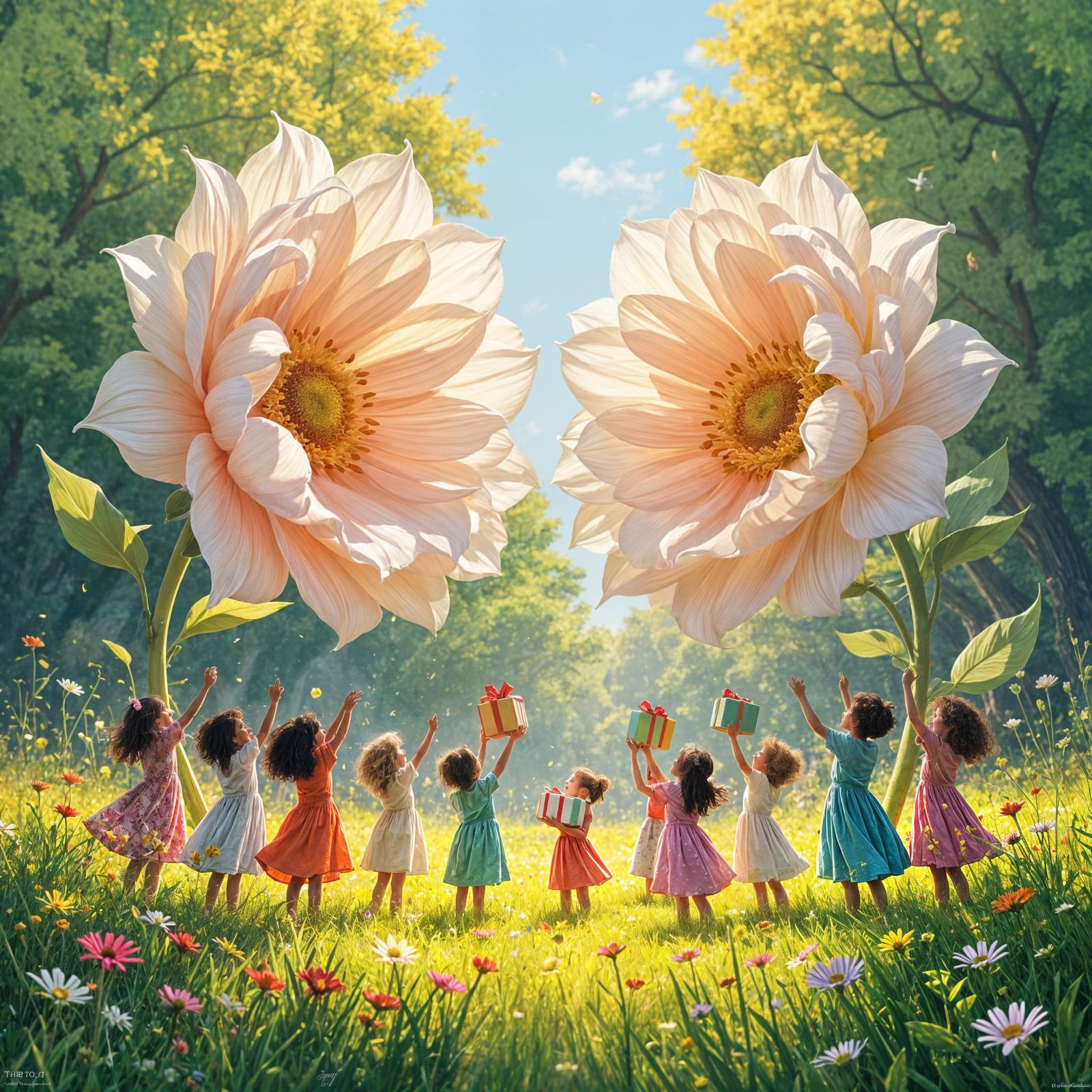 Giant Flowers Reveal Gifts in Vibrant Splash Art Meadow Cele...