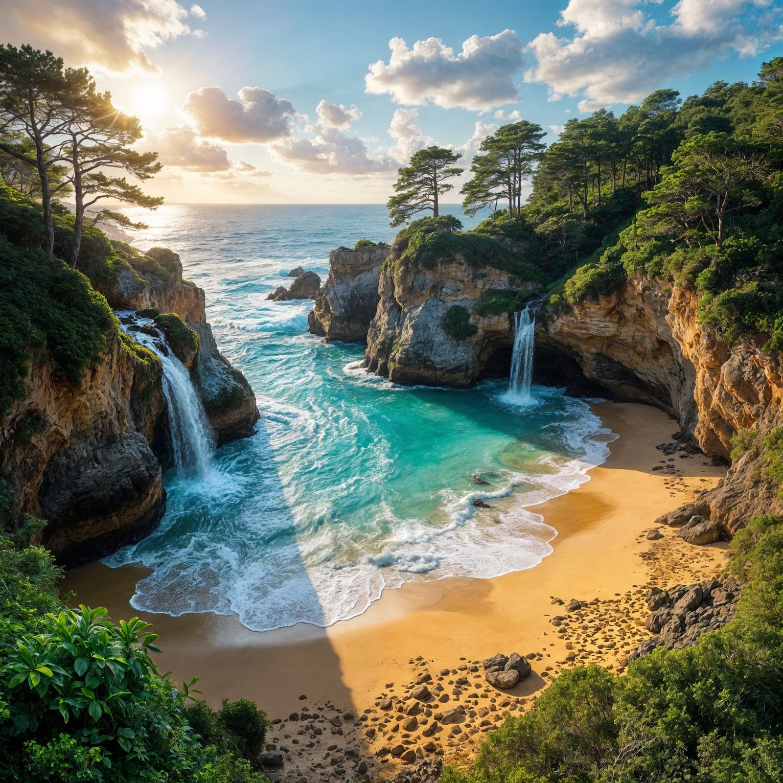 Epic Coastal Cove with Waterfall in Hyperrealistic Style