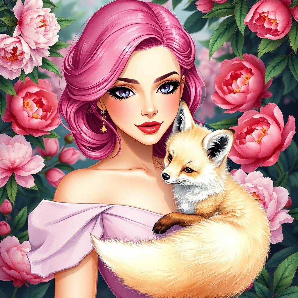 Pink Haired Woman Cuddling Fox in Peony Garden