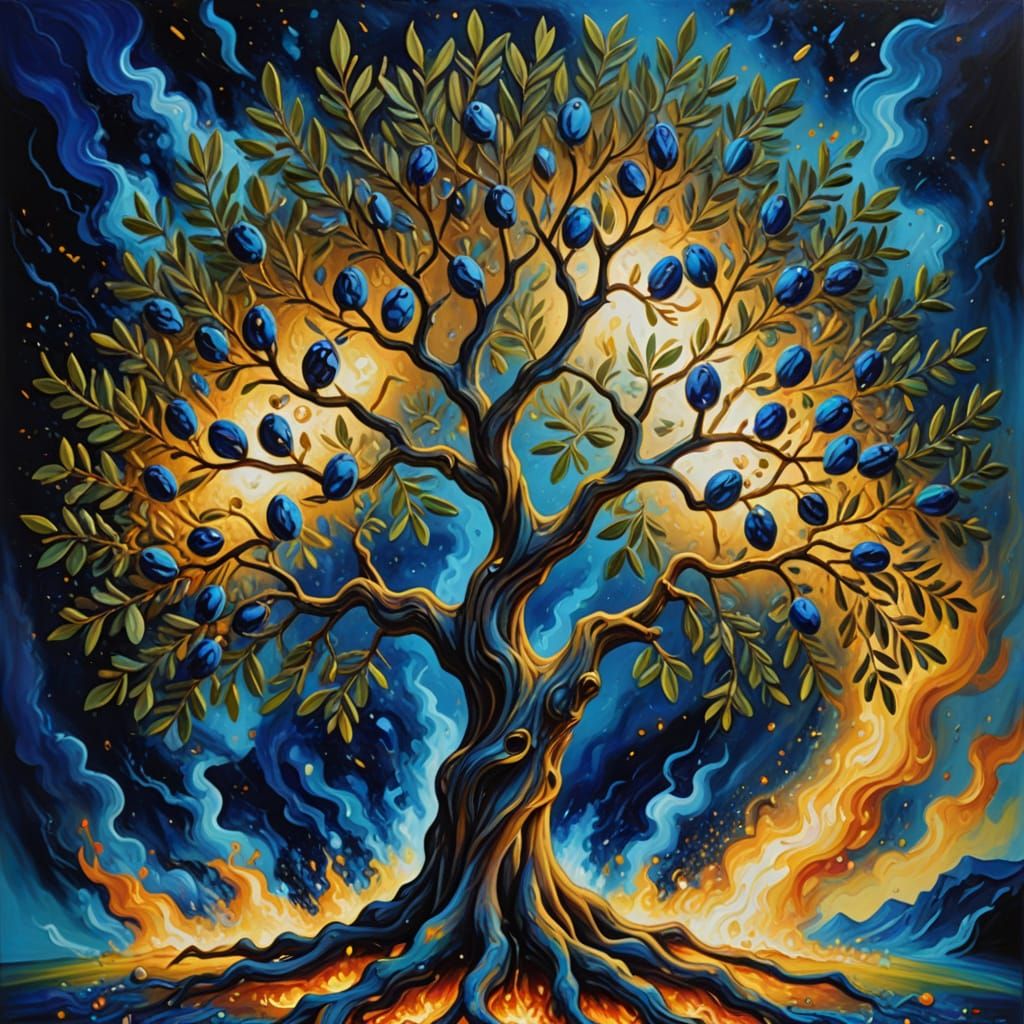 Surreal Olive Tree with Floating Scrolls