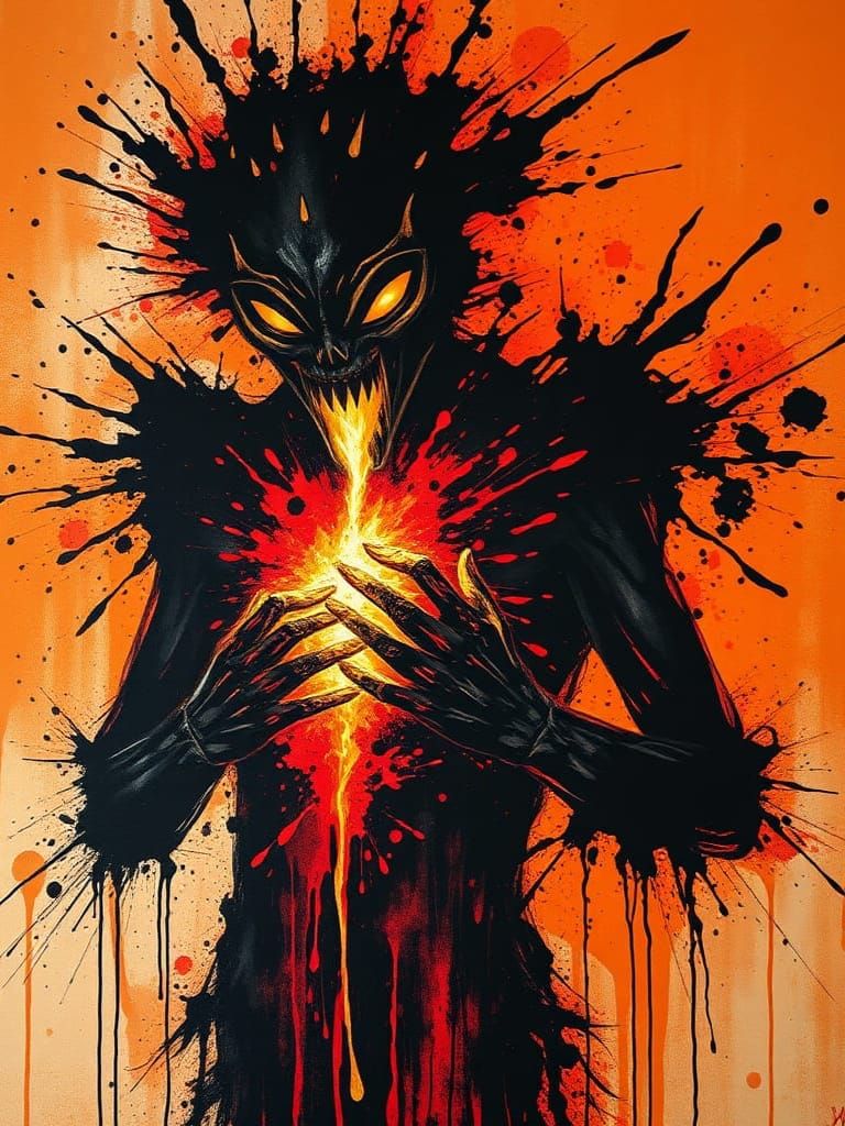 Dynamic Ink Fire Humanoid in Gouache Painting Style