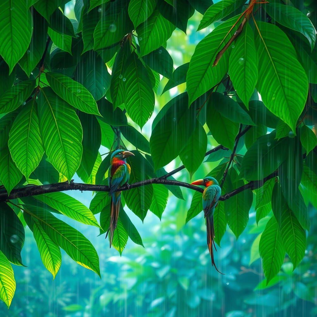 Lush Rainforest Canopy During a Summer Downpour