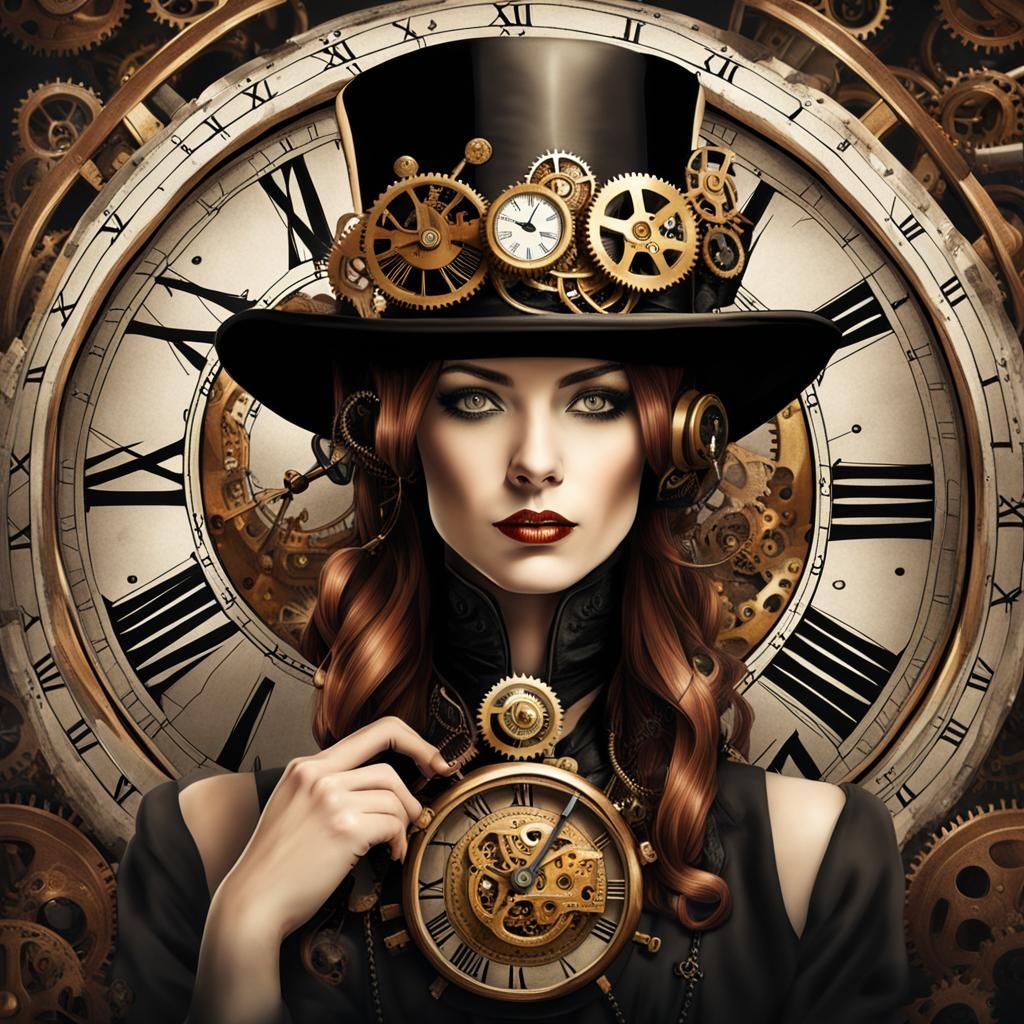 Steampunk Woman in Mechanical Clockwork Top Hat