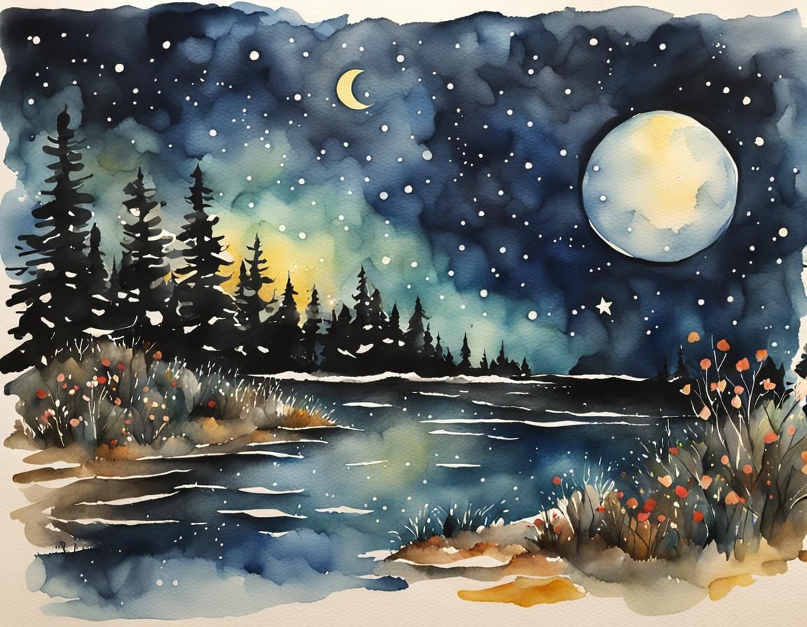 Nighttime Reflection in Watercolor and Ink