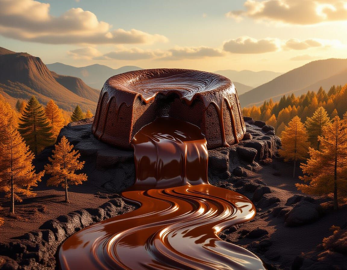 Chocolate Lava Cake Dessert Landscape, Fantasy Art