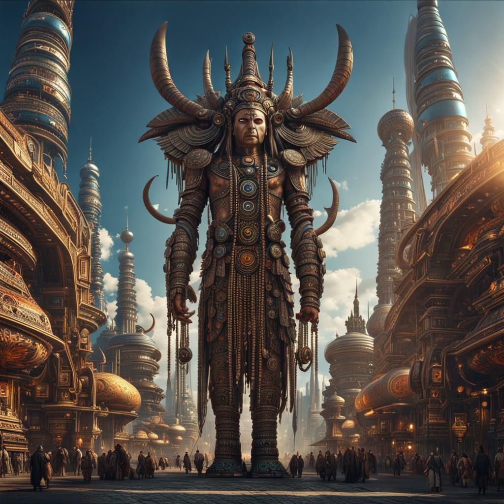 Giant Shaman Over Futuristic City, Psychedelic Art