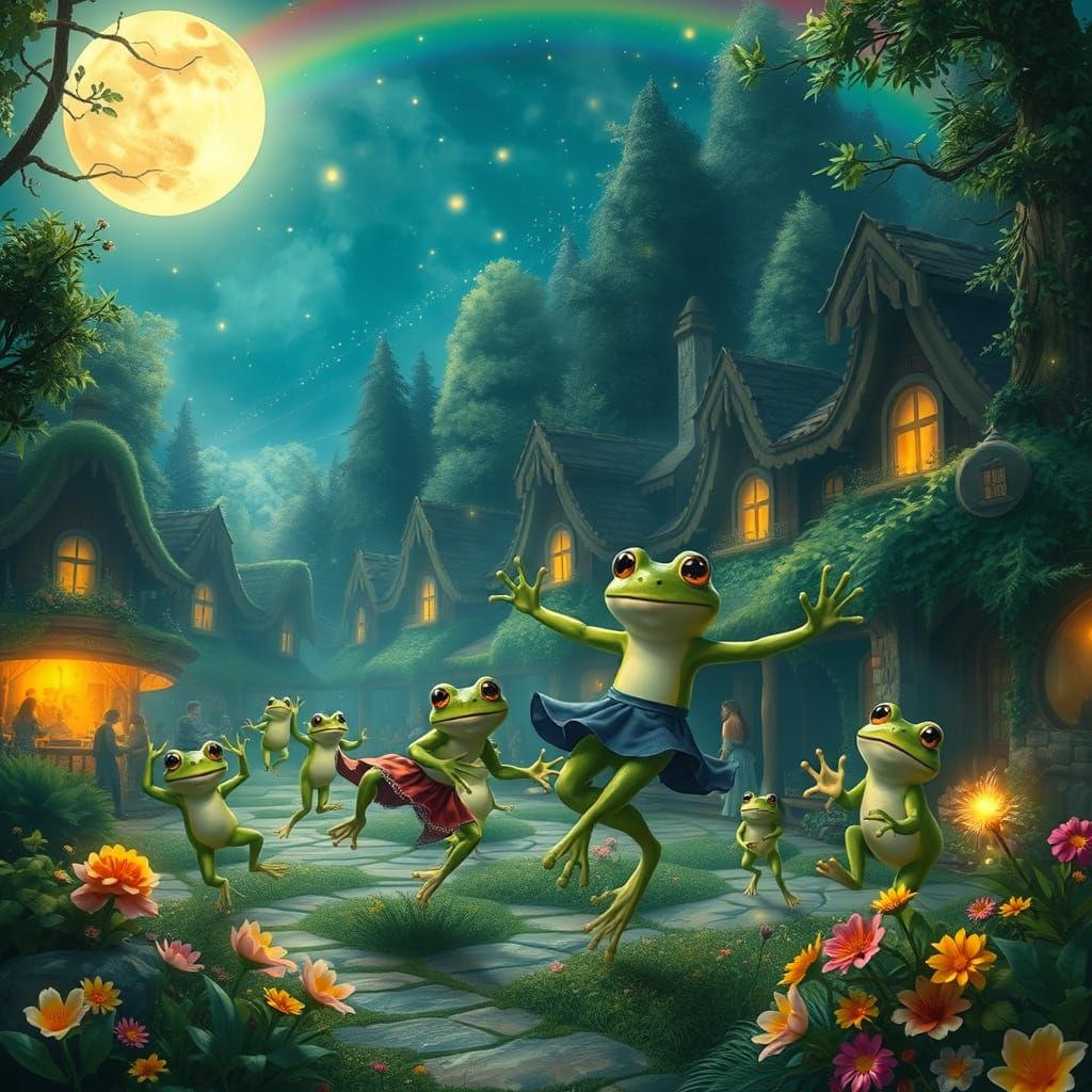 Moonlit Frogs Dance in Whimsical Village