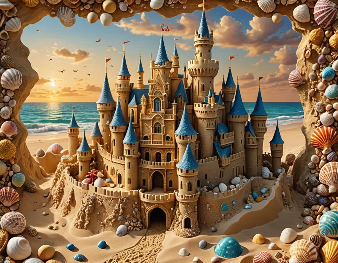 Whimsical Golden Sandcastle on a Beach