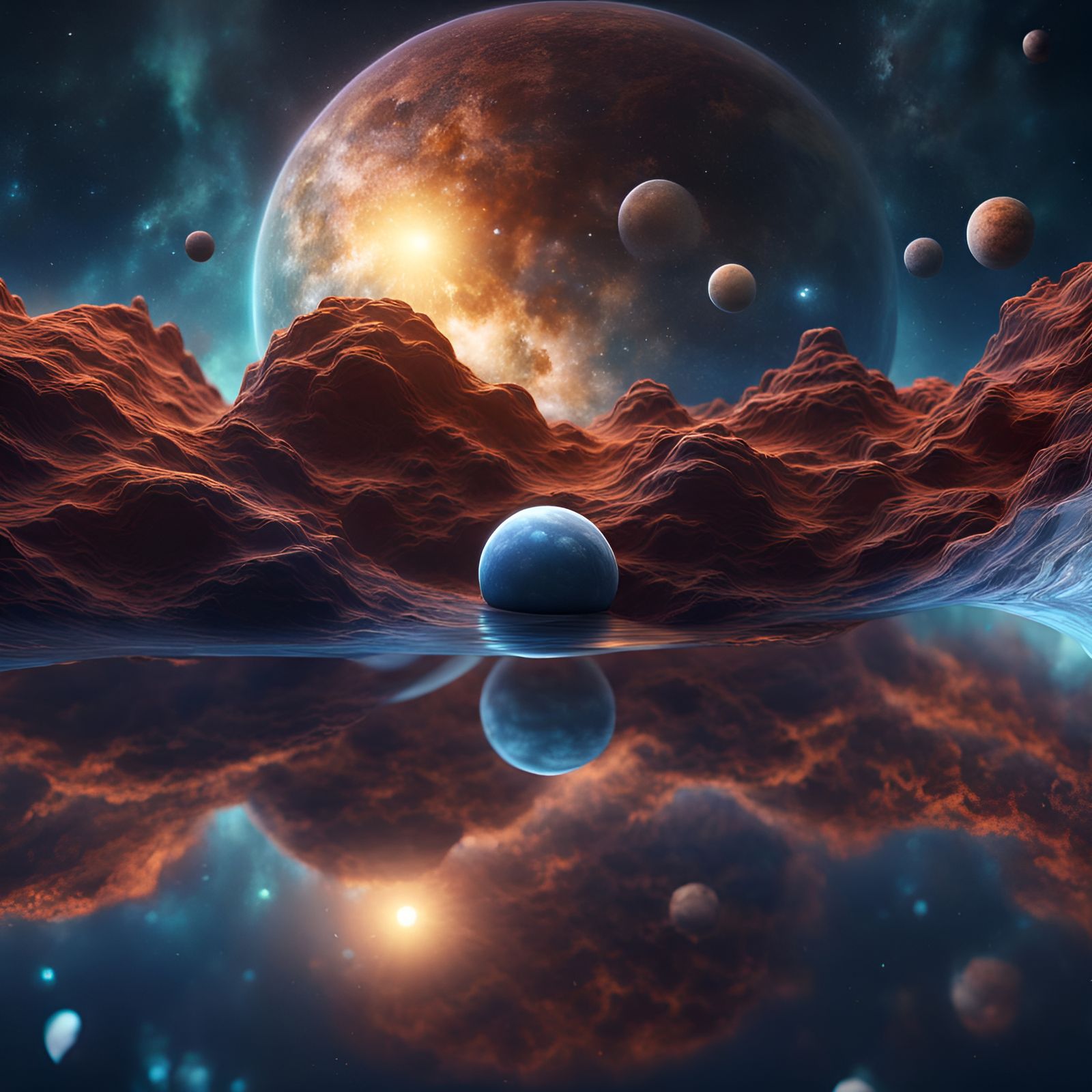 Water reflection of galaxies and solar system