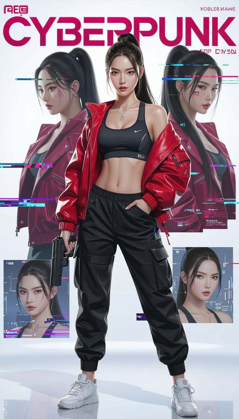Cyberpunk Magazine Cover Featuring Asian Woman with Pistol