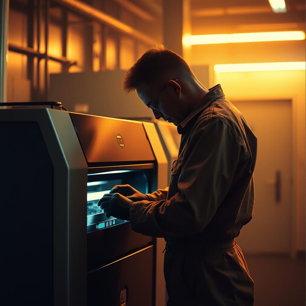 Technician Repairs Futuristic Laser Copier in Industrial Set...
