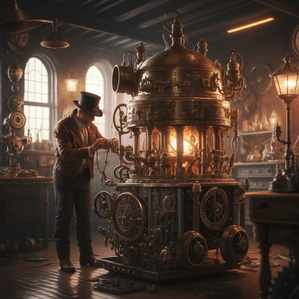 Steampunk Inventor Assembles Fantastical Machine in Gilded W...