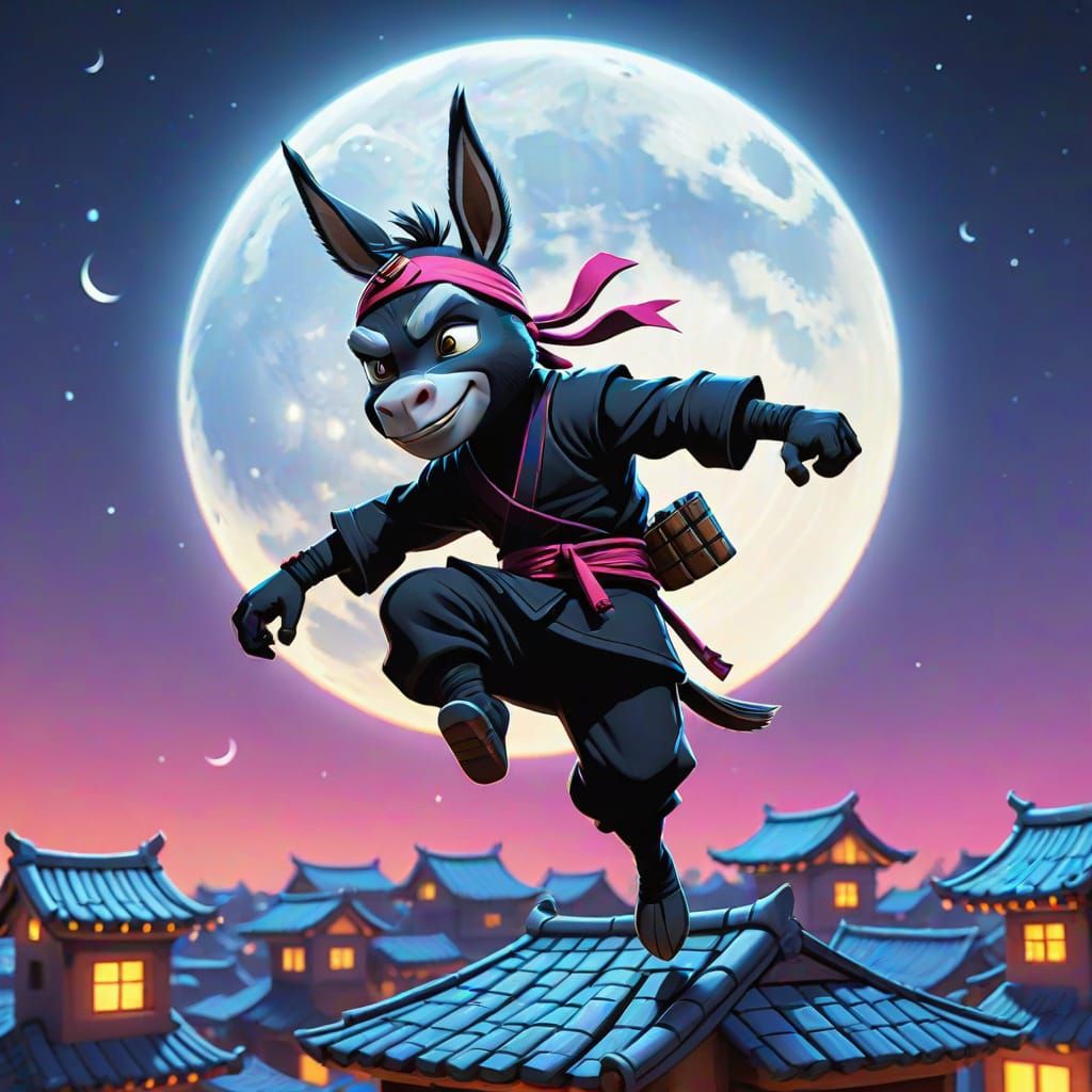 Cartoon Ninja Donkey Leaps Across Rooftops