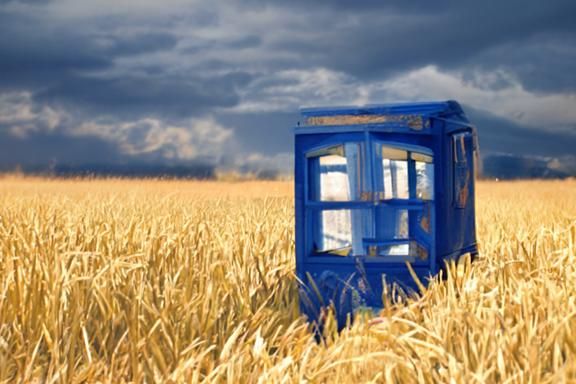 Vintage Police Box in Wheat Field, Gouache Surrealism