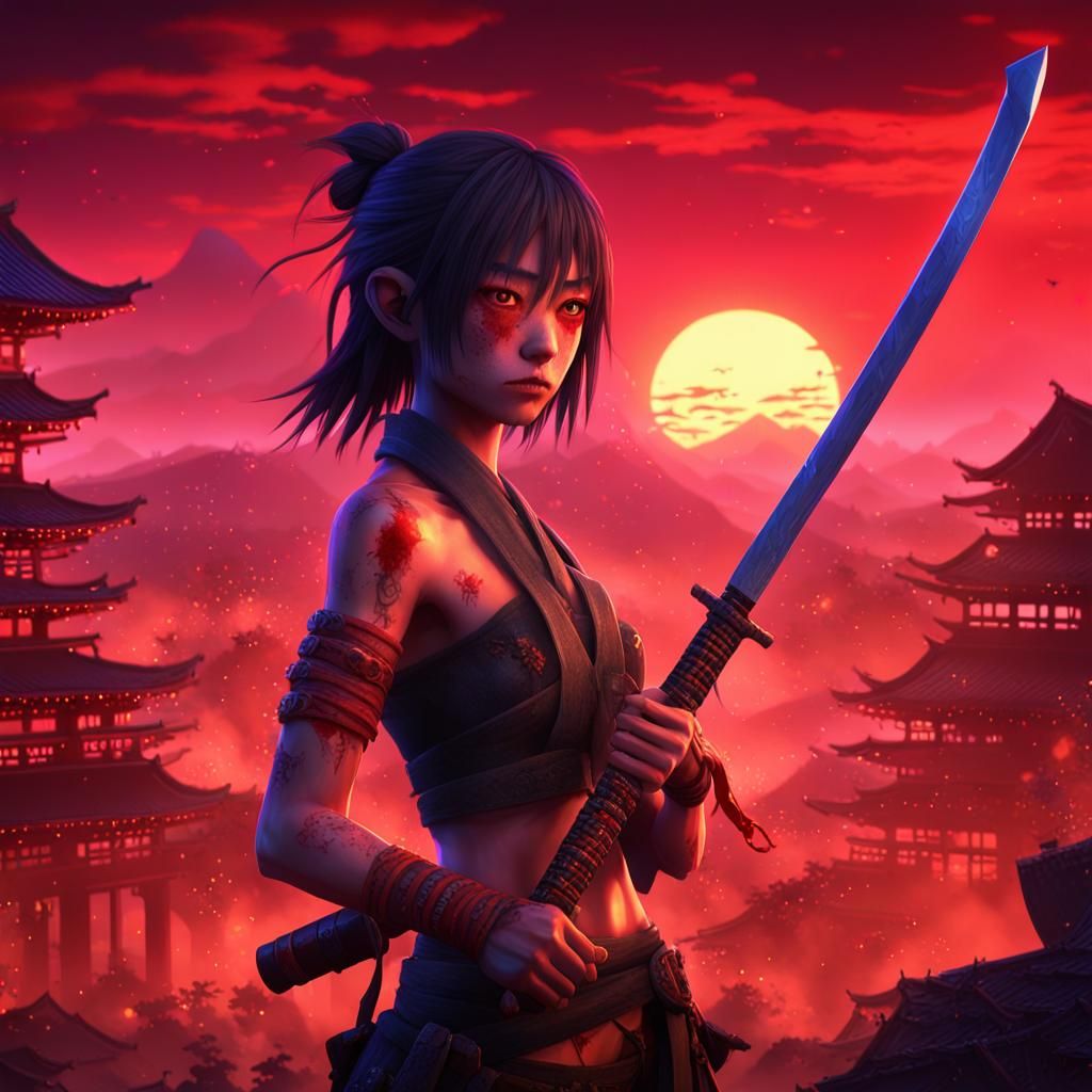Mystic Anime Protagonist with Katana in 3D Landscape