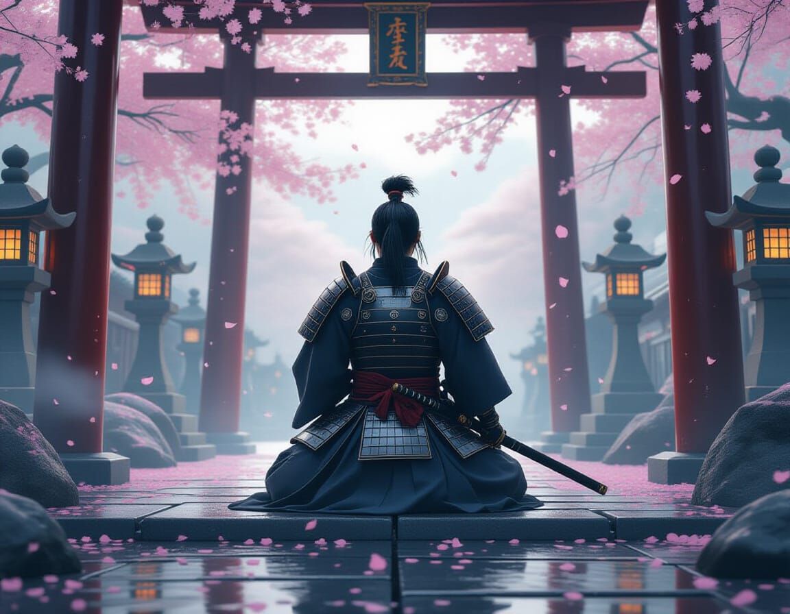 Samurai Reverence at Shinto Shrine: Cinematic Concept Art