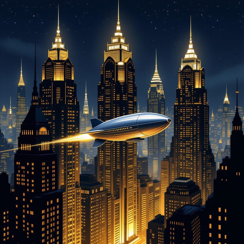 Art Deco Metropolis at Night: Golden Lights & Airship