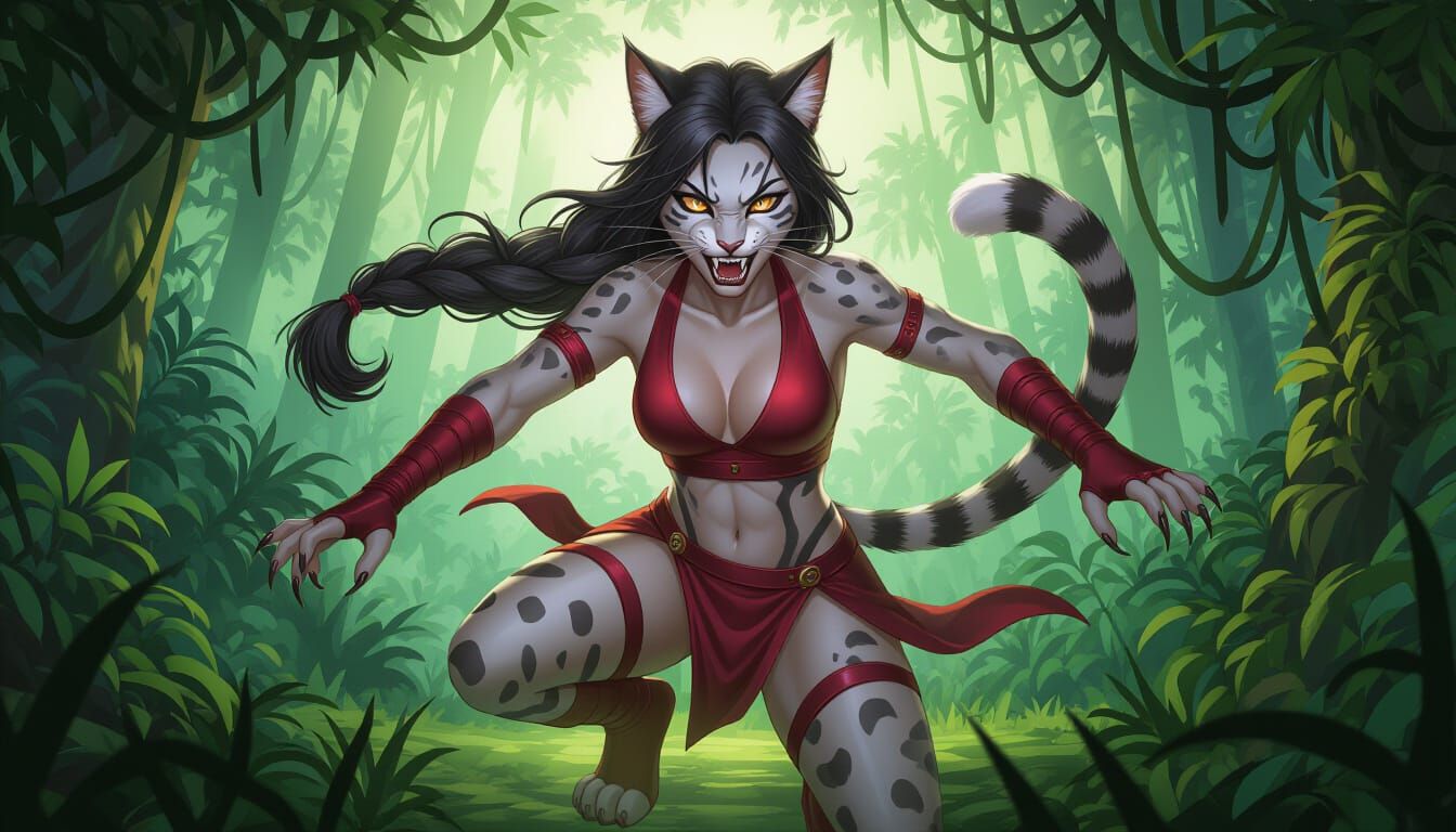 Athletic Furry Woman Leaps into Jungle Combat