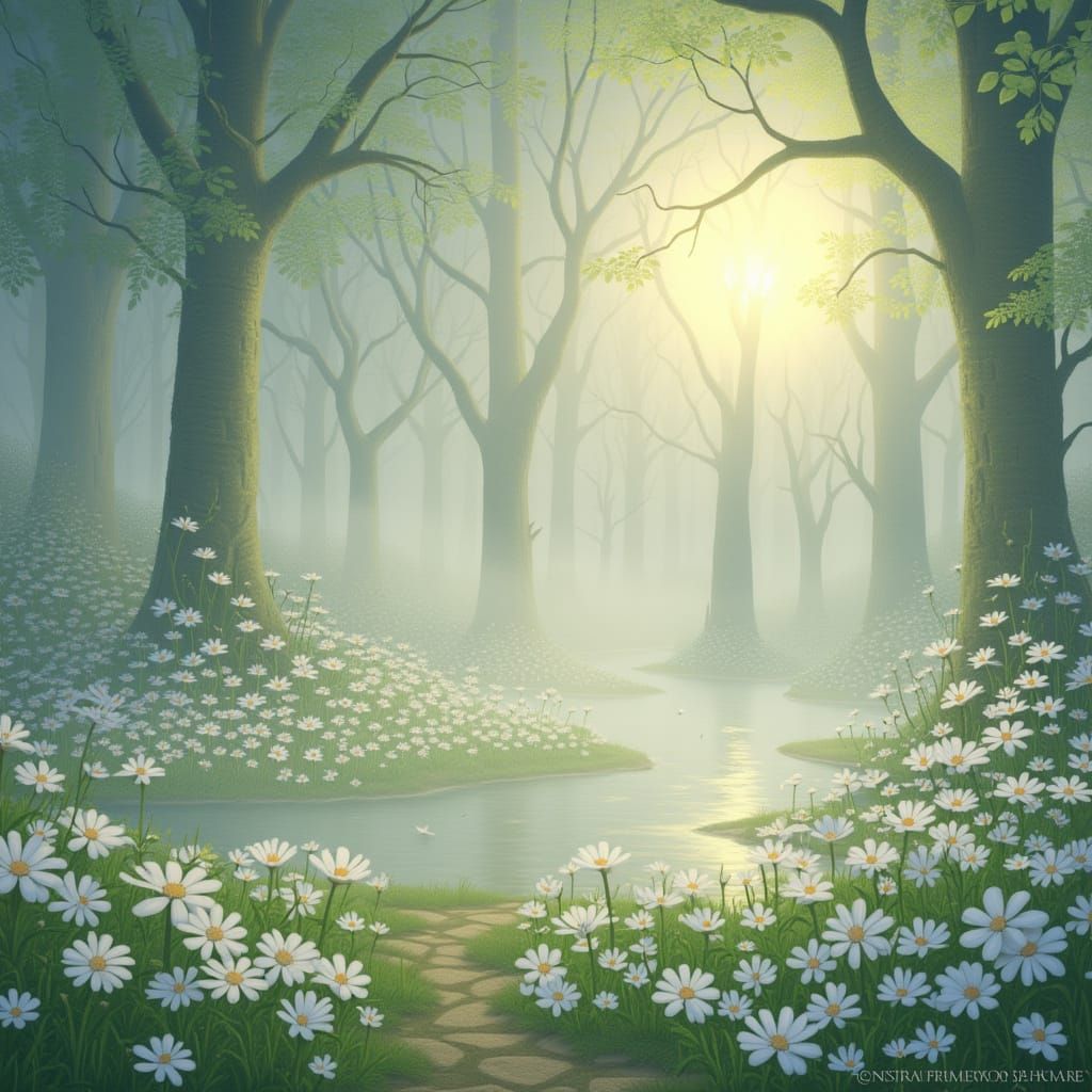 Ethereal Fantasy Mist Over Blooming Apple Orchard