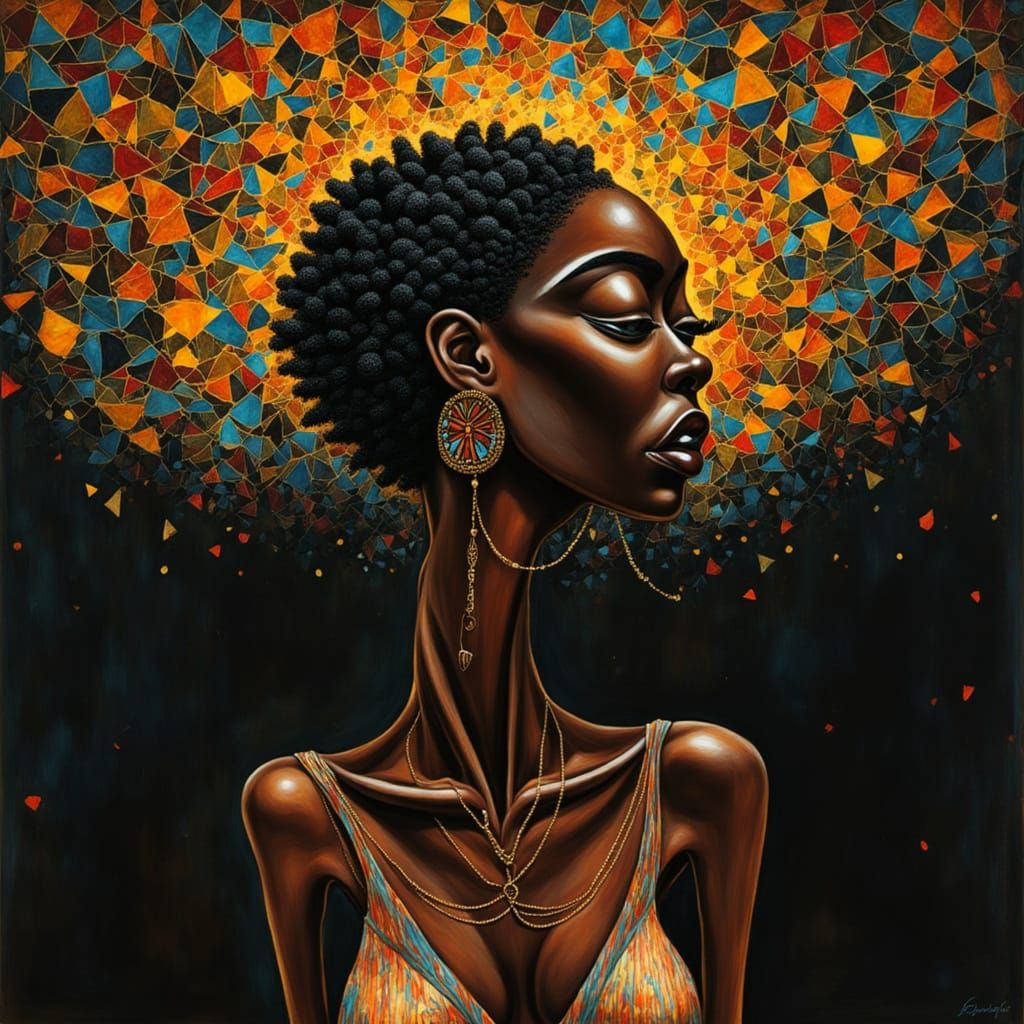 Surreal Black Woman with Elongated Neck and Geometric Patter...