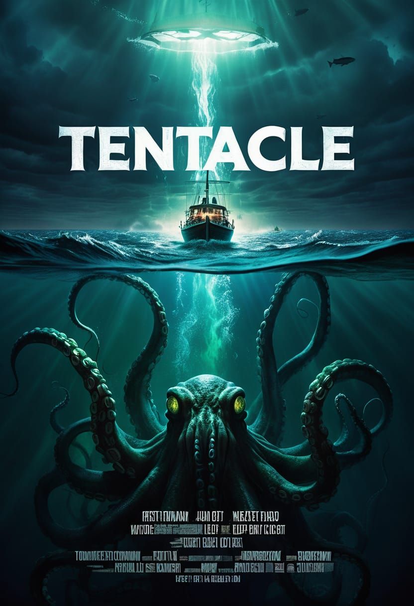 Monstrous Octopus Swims Under Boat - Movie Poster Art
