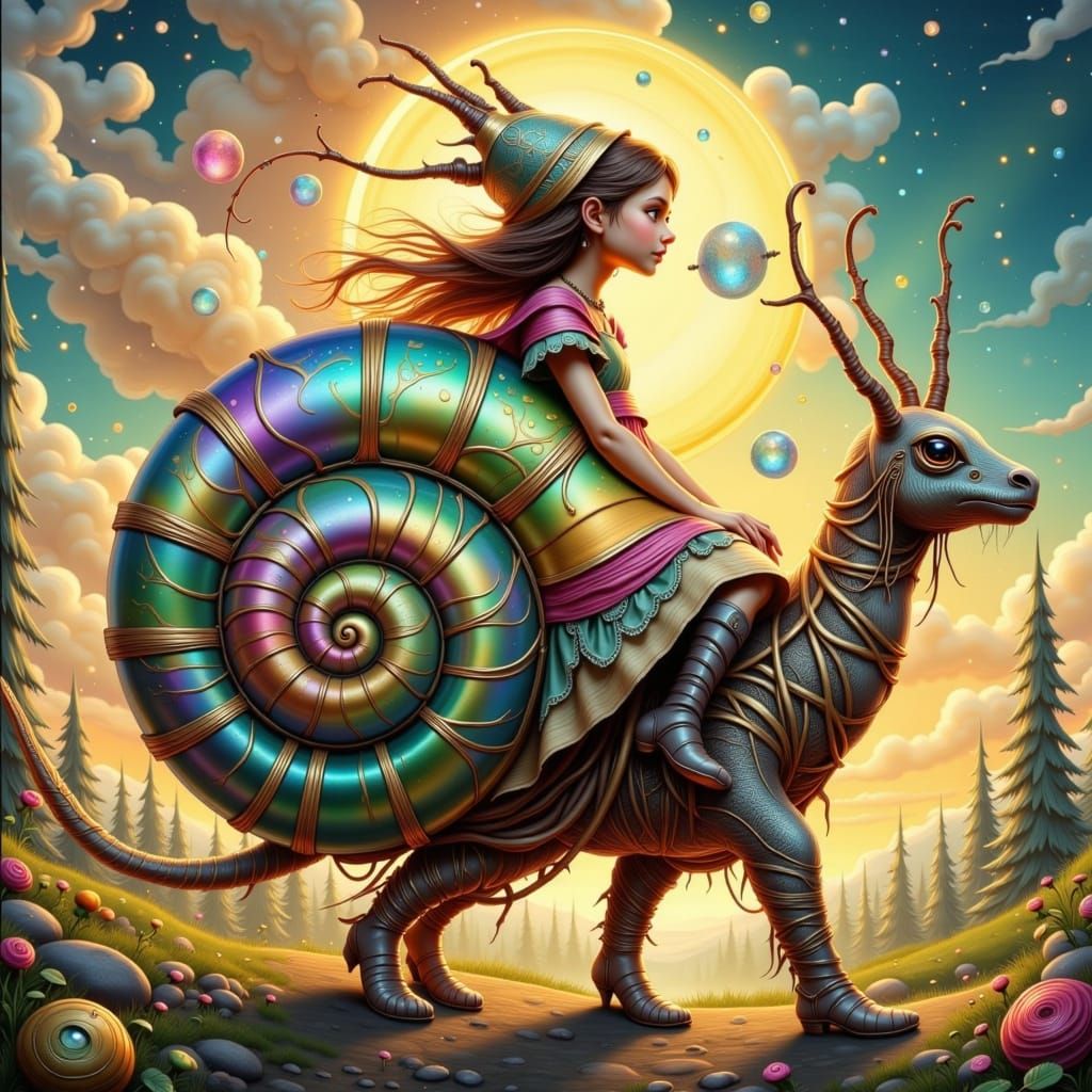 Whimsical Girl Rides Iridescent Racing Snail in Fantastical ...