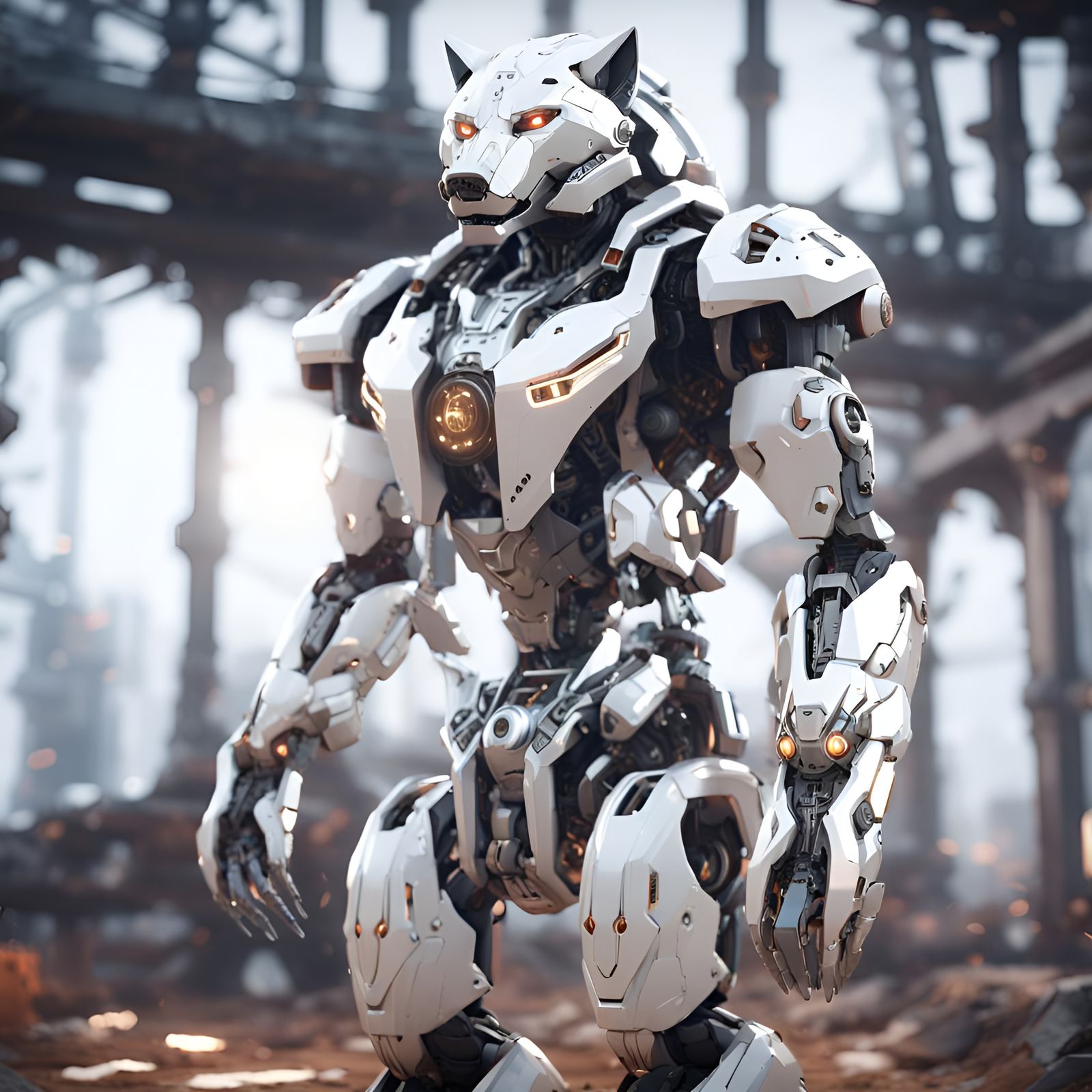 White Wolf, warrior, robot,  intricate mech details, ground level shot, 8K resolution, Cinema 4D, Behance HD, polished m...