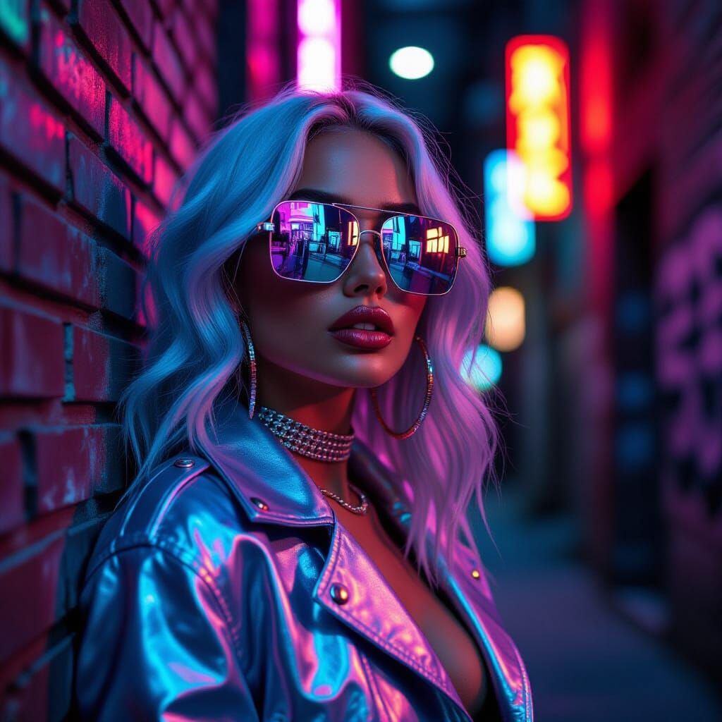 Iridescent Model in Neon Cyberpunk Alleyway