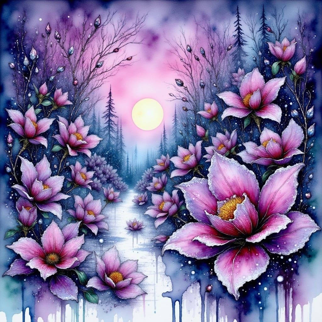 Enchanted Snowy Winter in Shimmering Jewel Tones