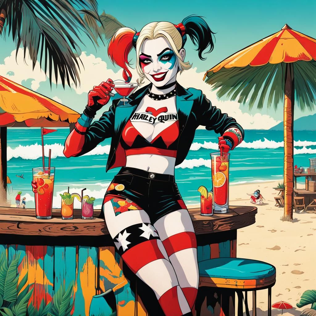 Harley Quinn at a beach bar