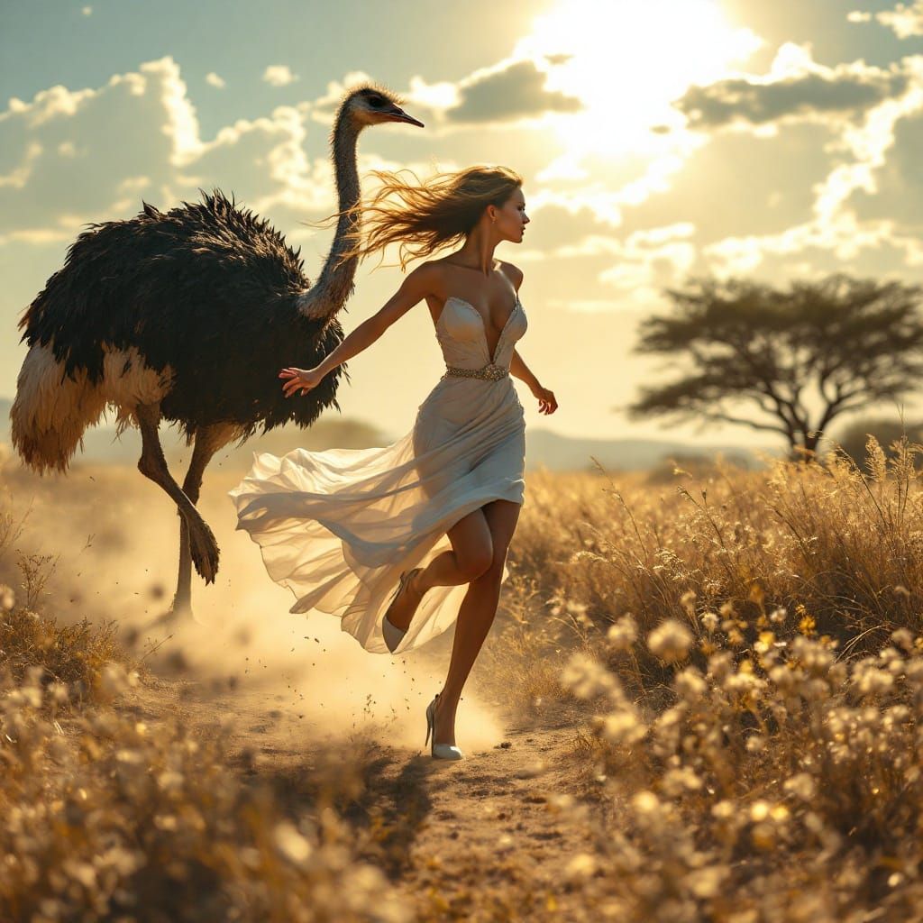 Elegant Lady Flees Ostrich in Savannah, Vibrant Art Style