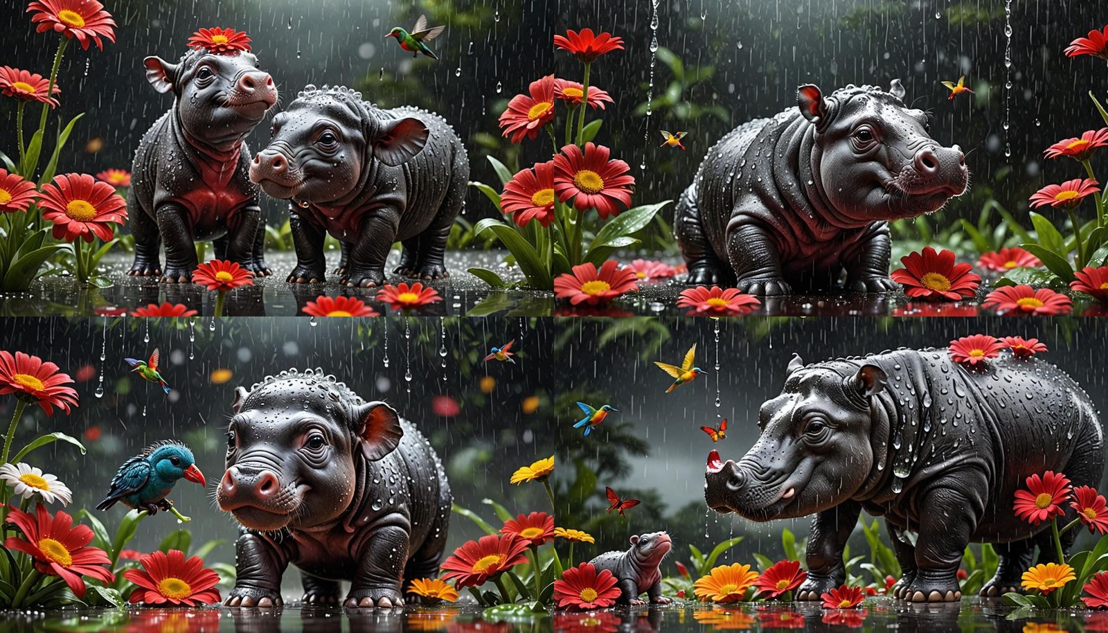 Rain-soaked Hippo with Glass Hummingbird in 3D Anime Style